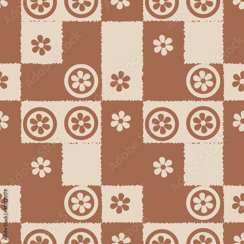 seamless retro pattern with flowers and plaid, brown and beige colors