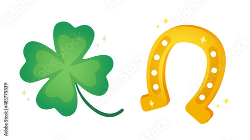 Vector set icons of lucky clover and horseshoe or Patrick's day.