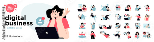 Digital business concept illustrations. Set of flat design vector illustrations of men and women in various activities of online business, e-commerce, communication, marketing. 