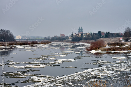 Floe on the Warta River during winter in the city of Poznan