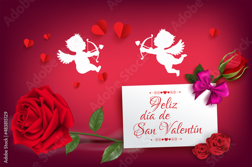 tarjeta o pancarta para un feliz Día de San Valentín en rojo en un rectángulo blanco sobre un fondo degradado rojo con ángeles, corazones y rosas rojas