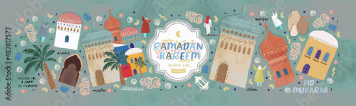 Ramadan Kareem! Eid Mubarak! Islamic holiday vector illustrations, Arabic architecture, mosque, objects and background for a poster, banner or card