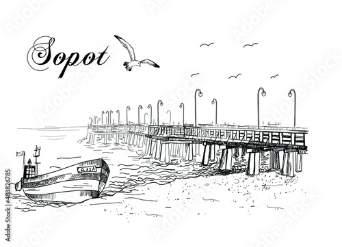 The Sopot molo . Beach and sea and a fishing boat. Vector drawing, sketch. Postcard, souvenir.