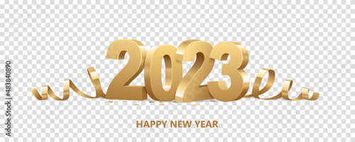 Happy New Year 2023. Golden 3D numbers with ribbons and confetti , isolated on transparent background.