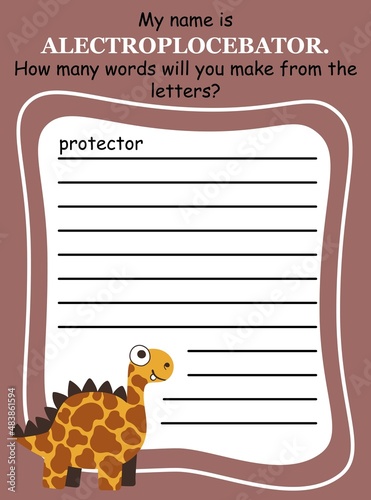 Educational anagram word game with funny dino vector illustration. Create and write as many words as you can by given letters. Activity page for kids in English vertical printable worksheet