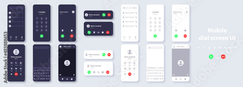 Smartphone user interface dark and light theme concept template. Design of contacts, dialer, call, video call, keyboard for typing messages on phone display.