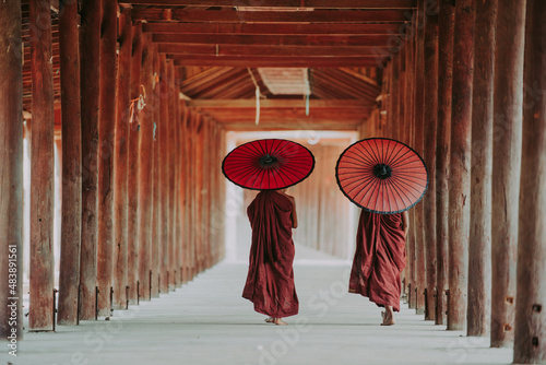 Portrait of local little buddhist monks. In myanmar childrens start training for becoming monks at the age of 7