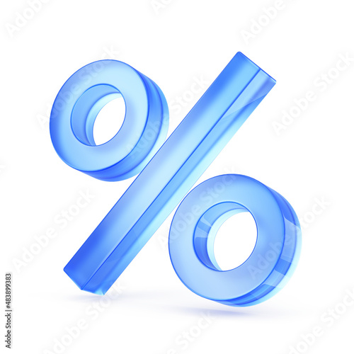 Blue glass percent sign isolated on white. % , percentage concept. 3d rendering