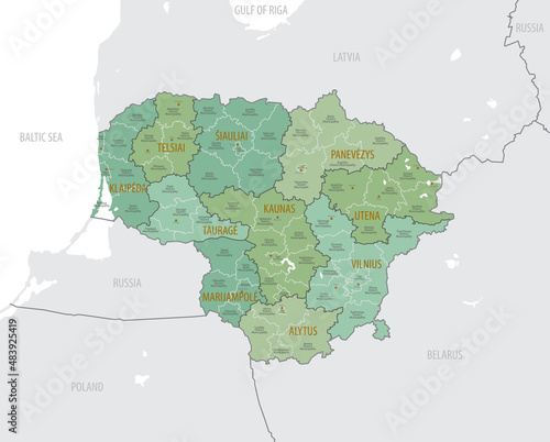 Detailed map of Lithuania, with administrative divisions into Counties and municipalities, major cities of the country, vector illustration onwhite background