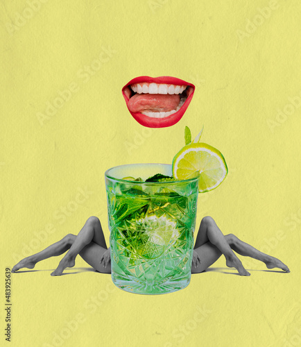 Huge mojito cocktail glass and female slender legs and open mouth isolated on yellow background. Contemporary bright art collage. Surrealism