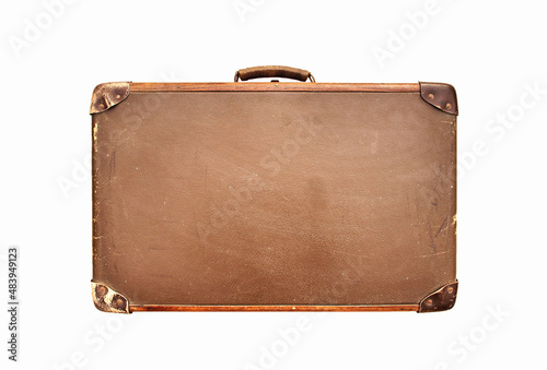 Old brown vintage travel suitcase isolated on white background. Symbol and concept of travel. Adventure time. Retro leather vintage travel suitcase or bag isolated on white.