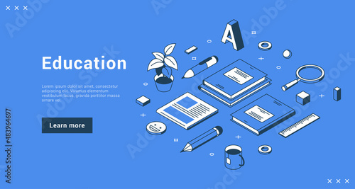 Education or business training learning information school college university internet banner landing page isometric vector illustration. Studying cyberspace course with book textbook stationery