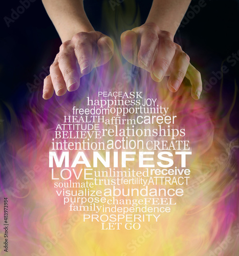 Circular Word Cloud associated with Manifesting what you want - female hands hovering above a circle of words relevant to MANIFEST against a flowing fire like background with black behind 