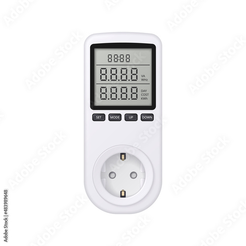 Digital wattmeter for power outlet. Power meter with LCD display and socket. Vector illustration. 