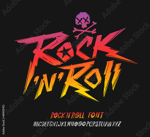 Rock'n'roll vintage print design grunge style font alphabet - editable vector template. Set of Rock n roll doodle style symbols collection for print stump tee and poster design. Rock music type font