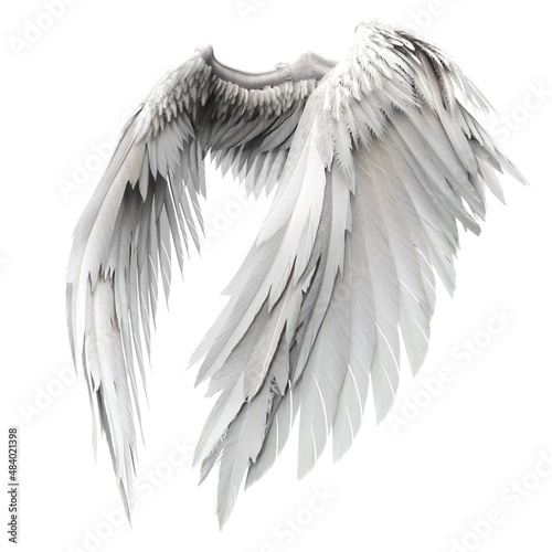 Pair of isolated white angel style wings with 3D feathers on white background, 3D Illustration, 3D Rendering