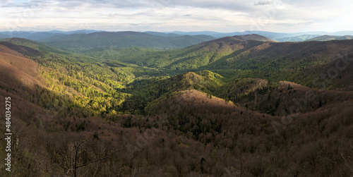 Spring in the Bieszczady Mountains, panoramic view from Rabia Skala at sunset, Polish-Slovak border