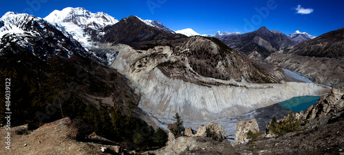 Panorama of mountains and snow in the Himalayas trekking along Annapurna Circuit in Nepal.