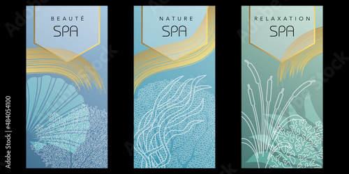Série de 3 flyers pour un établissement de spa avec un graphisme d’ambiance aquatique aux couleurs douces bleu et or.