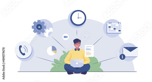 Businessman working with laptop . Multitasking and time management concept.