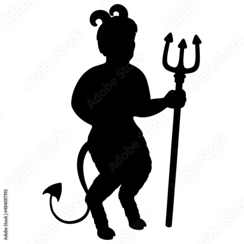 Black silhouette devil. Design element. Vector illustration isolated on white background. Template for books, stickers, posters, cards, clothes.