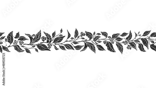 Tea leaves border Vector seamless print Silhouette