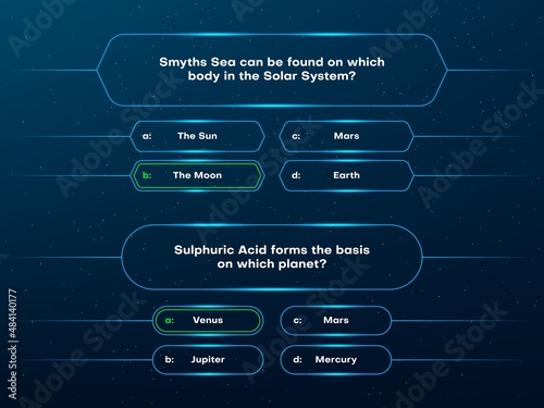 Quiz questions and test menu choice neon template. TV show or trivia game vector layout. Quiz game or intellectual challenge contest template, screen with question and answer options in frames