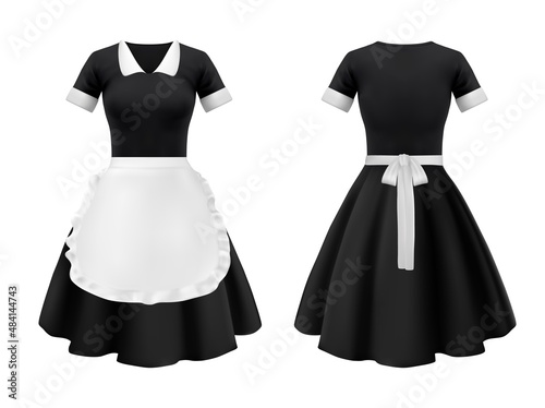 Maid and waitress uniform, hotel and house worker dress clothes. Vector isolated black dress with bell skirt and white apron with ruffle, realistic french maid outfit or housekeeping uniform