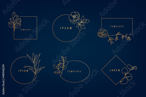 Vector set of luxury artdeco floral frames, logo design templates and monogram concepts, linear style emblems for fashion, beauty, social net