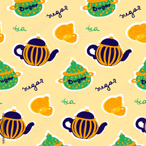 Simple tea items vector pattern on the beige background. Cartoon flat style purple, yellow and blue sugar jar, teapot and lemon. English tea time. Calligraphy lettering.