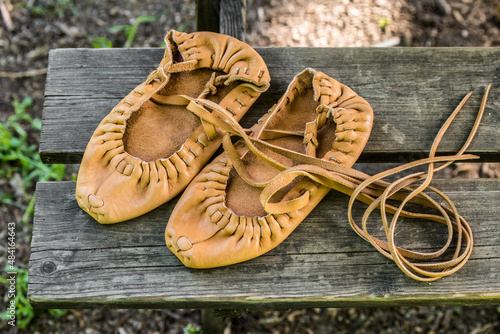 Leather bast shoes. Retro vintage natural shoes.