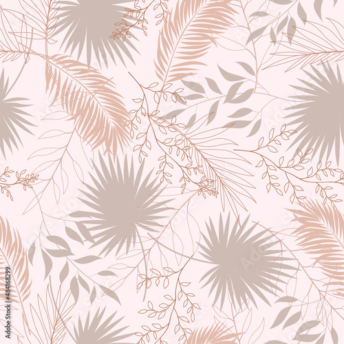 Tropical flowers, artistic palm leaves on the background. Seamless pattern. Vector pattern.