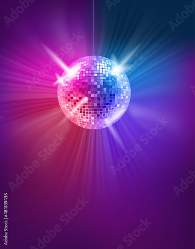 Dark room with glowing colorful disco ball. Vector 3d banner with copy space