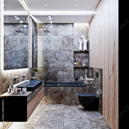 3D interior design of a modern bathroom with marble and wood