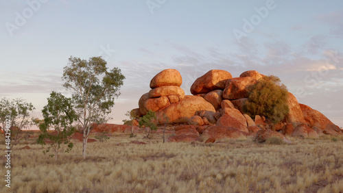 sunset shot of the devil's marbles in the northern territory