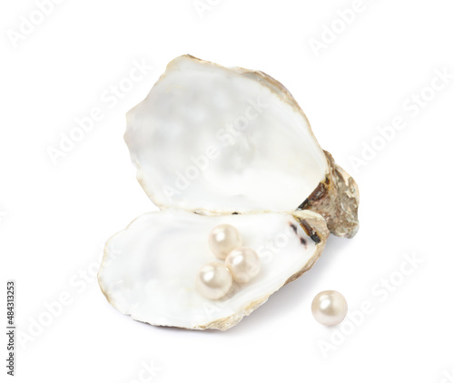 Open oyster shell with pearls on white background