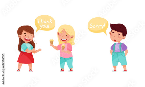 Cute kids with good manners set. Adorable boys and girl sharing sweets and apologising cartoon vector illustration