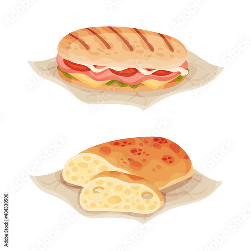 Italian food traditional dishes set. Panini and ciabatta bread vector illustration