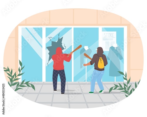 Street hooligans, bullies, vandals damaging store showcase, breaking shop window, flat vector illustration. Vandalism.