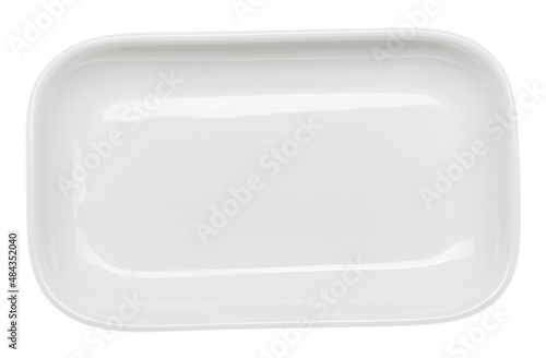 one rectangular white plate or dish large and detailed on a white background, real photo of isolated object