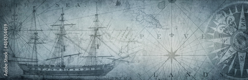 Old sailboat, compass and ancient map historical background. A concept on the topic of sea voyages, discoveries, pirates, sailors, geography and history. Efect of overlay on old texture of paper.