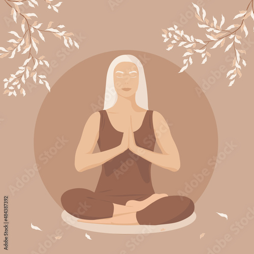 white woman meditates in lotus pose. Concept illustration for meditation, yoga, relax, recreation, healthy lifestyle. Vector illustration in faceless style.