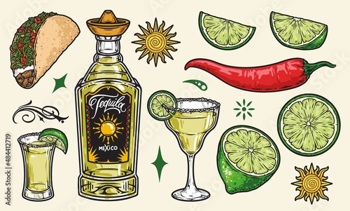 Colorful vintage elements of tequila drink