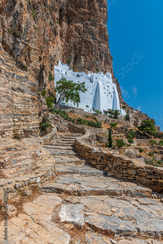 The famous Hozoviotissa Monastery standing on a rock over the Aegean sea in Amorgos island, Cyclades, Greece.