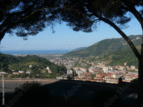 panorama from via Codena viewpoint on the city of Carrara and on the Tyrrhenian Sea