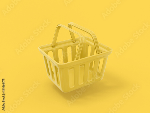 Yellow mono color shopping cart half view on yellow solid background. Minimalistic design object. 3d rendering icon ui ux interface element.