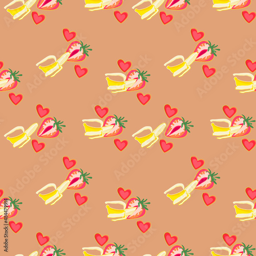 Banana in strawberry sex fruit patern, Banana intercourse background with strawberries.