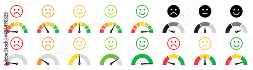 Scale meter level, barometer mood icons. Vector dial gauges, speedometers with emotions and emoji smile faces. Infographic, indicator of pain, stress, negative to satisfaction, positive, happy. Score