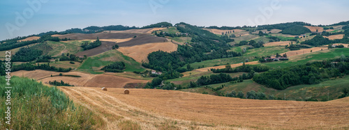The cultivated hills between Fano and Pesaro in summer season. Pesaro and Urbino province, Marche, Italy.