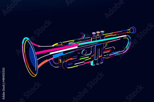Abstract trumpet wind musical instrument from multicolored paints. Colored drawing. Vector illustration of paints